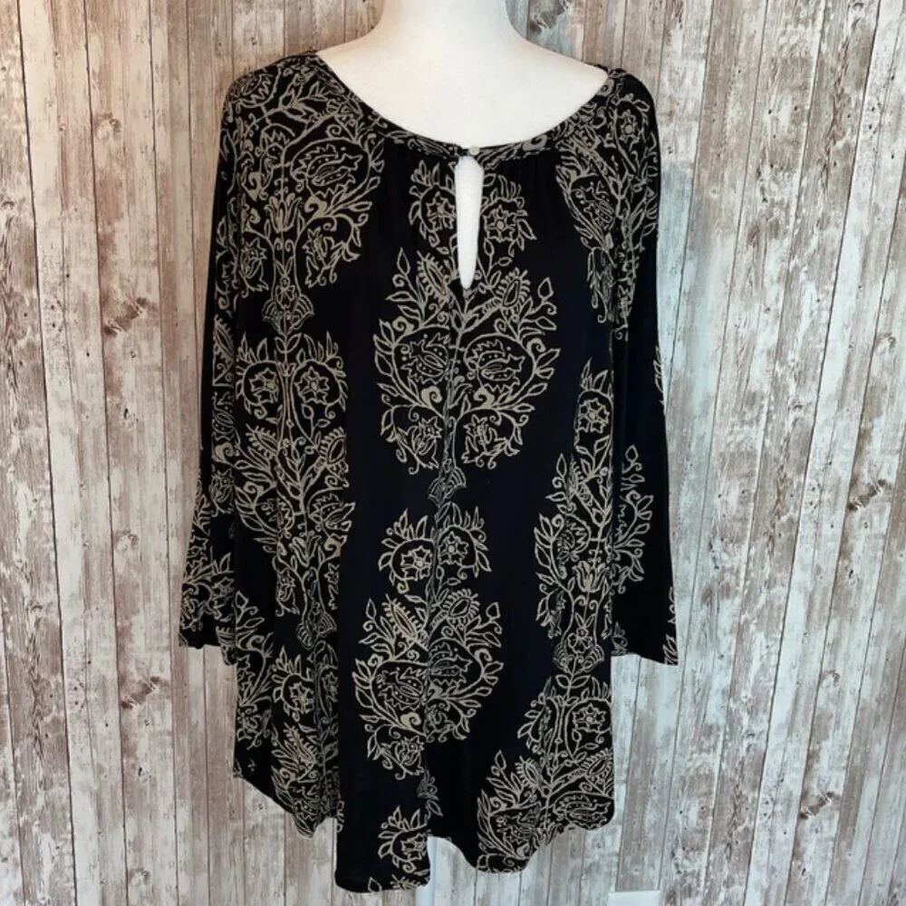 Lucky Brand Black & Tan 3/4 Sleeve Boho Blouse size 3X - Picture 1 of 5